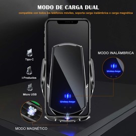 DQST Cargador de Coche Inalámbrico, Soporte de Teléfono para Coche, Soporte Cargador 2 en 1, Sujeción Automática, Soporte de Ventilación para Todos Teléfonos Móviles con Función de Carga Inalámbrica