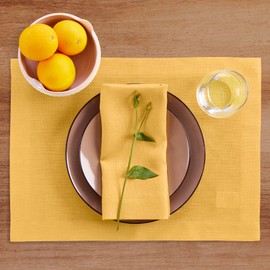 Solino Home Easter Placemats 14 x 19 Inch - 100% Pure Linen Mustard Yellow Cloth Placemats Set of 4 - Fete, Washable Fabric Table Mats