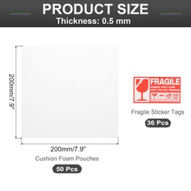 MECCANIXITY Foam Packing Pouches, 50pcs 7.9x7.9 Inch Wrap Bubble Pouches Cushion Foam Packing Supplies White with 36 Fragile Tags for Dishes Furniture Glasses Cups Moving Storage
