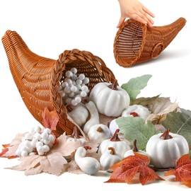 RimCereal Cornucopia Basket Set Fall Large Cornucopia Centerpieces Horn of Plenty Fall Harvest Decorations with 100 Pcs Artificial Leave Acorn Pumpkin Decoration for Home Thanksgiving Table(Neutral)