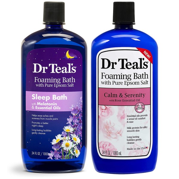 Dr. Teal's Foaming Bath Variety Gift Set (2 Pack, 34oz Ea) - Melatonin Sleep Bath, Calm & Serenity with Rose Essential Oil -Relieve Stress & Promote a Better Nights Sleep - at Home Spa Kit