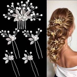 Prosy Bride Wedding Pins und Haarkamm Blume Blatt Bridal Braut-Haarteile Haarschmuck Perle Bridal Haarspangen für Frauen und Mädchen 5er Pack (Silber)