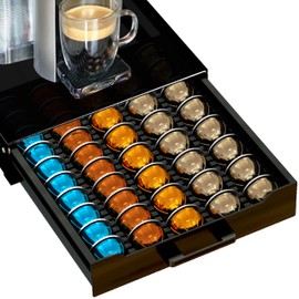 Vertuo Pod Holder Drawer with Deluxe Black Tempered Glass Top, Compatible for Nespresso VertuoLine Pods, Holds up to 75 Small or 50 Big Vertuo Pods Compact Design (Piano Black Nespresso Pods Holder)