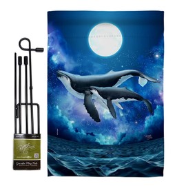 Breeze Decor Humpback Whales Garden Flag Set with Stand Animals Sea Creature Nautical Ocean Fish Outdoor Summer Marine Small Decorative Gift Yard House Banner Made in USA 13 X 18.5