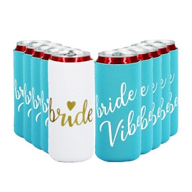 LADY & HOME 10 Pcs Hen Party Decorations Slim Can Cooler Sleeves Team Bride and Bride Vibe Can Cooler Hen Party Favors (Blue Vibe)