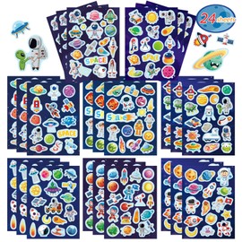 24 Sheets Space Themed Sticker Set - 8 Planets, Astronauts, Spaceships, and Rockets Explore Space Stickers for Kids Outer Space Themed Party Favors