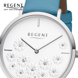 REGENT Ladies Watch 36 mm with Flower Design Dial Silver/Turquoise BA-592, silver / white, Strap.