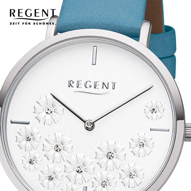 REGENT Ladies Watch 36 mm with Flower Design Dial Silver/Turquoise