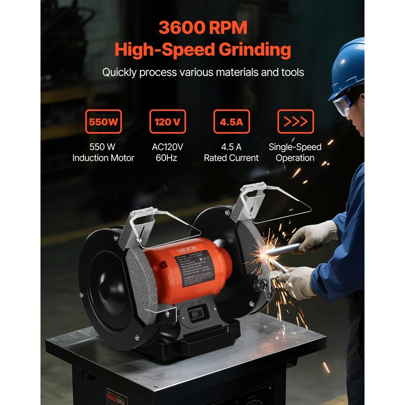VEVOR Bench Grinder, 8-inch Single Speed, 3450RPM High-Speed Table Grinders