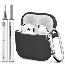 Woyinger for Airpods 4th Case Cover, Come with Cleaner Kit,Soft Skin Silicone Case Cover with Keychain, Full Protective Case for Men and Women, Compatible with AirPods 4th Generation Case(Black)