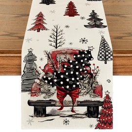 Artoid Mode Xmas Trees Red Truck Snowflake Merry Christmas Table Runner, Seasonal Winter Kitchen Dining Table Decoration for Home Party Decor 13x36 Inch