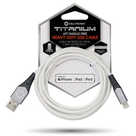 Celltronix - Titanium [Apple MFi Certified] 6FT Fast Charging Tangle Free Heavy Duty USB to Lightning Cable. Includes Sync+Charge & Aluminum Tips for Optimum Connectivity: White