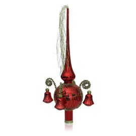 Lauschaer Glas Christmas Tree Topper with Bell Red Gloss, Wound, Length Approx. 28 cm, Diameter 7 cm, Mouth-Blown and Hand-Decorated, Leonian Wire