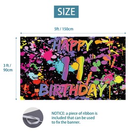Neno Glow in The Dark 11th Birthday Decorations Backdrop Banner for Girls Boys, Paint Splatter Graffiti Party Sign Supplies, Light Sleppover Party Photo Booth Props for Outdoor Indoor (5 * 3 ft)