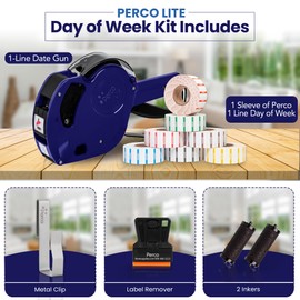 Perco Lite 1 Line Date Gun with Day of Week Labels Kit - Includes Perco Lite Date-Marking Gun, 1 Sleeve (7 Rolls) of Day of Week Labels (Full Week), 1 Scraper, 2 Ink Rollers (1 Preloaded) & 1 Gun Clip
