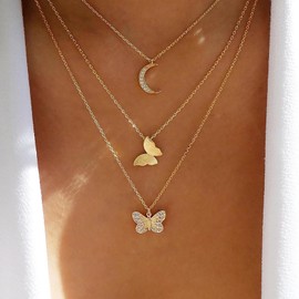 Jugielu Boho Layered Butterfly Moon Necklace Choker Pave CZ Butterfly Pendant Necklace Gold Rhinestone Butterfly Necklace Multi Layering Chain Necklace Jewelry for Women