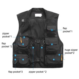 Freiesoldaten Men's Multi Pocket Vest Outdoor Fishing Camping Coat Breathable Mesh Casual Vest, black