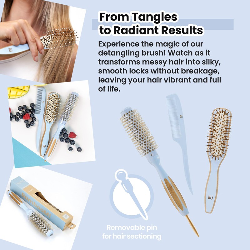 ilū Bamboo Travel Hair Brush True Blue - Environmentally Friendly