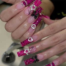 RTKHFZE Square Press on Nails Long Fake Nails Rose Red French Tip Glue on Nails with 3D Bow Acrylic Nails Press ons Star Y2k False Nails for Women Manicure Stick on Nails