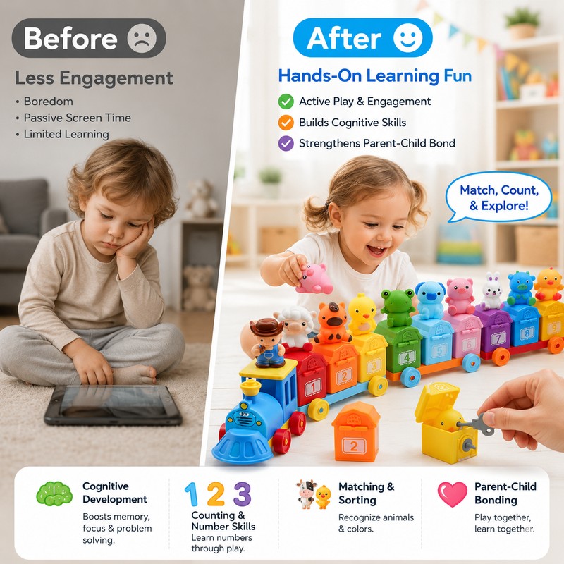 Montessori-Inspired Farm Train Toy for Toddlers – Counting, Matching &