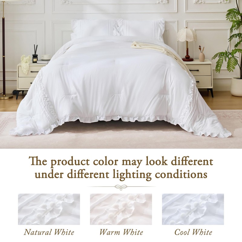 BDEUS White Ruffle Comforter Set Full Size, 3 Pieces Lightweight