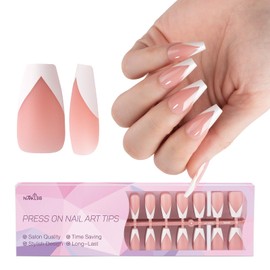 NMKL38 300pcs White French Tip Press on Nails Medium Square Fake Nails Nude False Nails Square French Press ons Nail Acrylic Artificial Nail for Women Girls