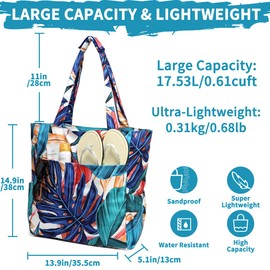 Kasgo Beach Bag, Water Resistant Sandproof Large Zipper Beach Tote Foldable Women's Summer Swim Bag Shoulder Pool Bags for Travel, Shopping, Picnic, Gym, Camping, Palm Leaf