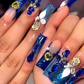 Blue Press on Nails Long Square Fake Nails Full Cover Acrylic Fake Nails with Rhinestones Designs Gradient False Nails Glossy Glue on Nails Reusable Nail Decorations for Women 24pcs