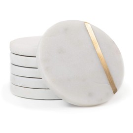 Cork & Mill Marble Coasters Set of 6 - Luxury Aesthetic Modern Decor for Coffee Table- White Marble with Gold Brass Inlay - Real Natural Semi Absorbent Stone Coasters