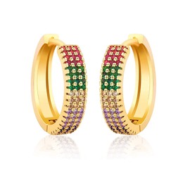 Savlano 14K Gold Plated Cubic Zirconia Multicolor Rainbow Huggie Hoop Round Earrings For Women Comes with Gift Box (Yellow)