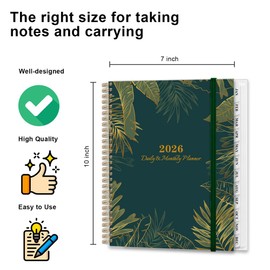 2026 Daily & Monthly Planner Calendar - Full Page a Day, Daily Planner Calendar from Jan 2026 to Dec 2026, Flexible Cover, 7''x10'', Inner Pocket, Green Gold Leaf