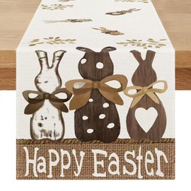 Easter Table Runner 40 x 140 cm Table Runner Easter Kitchen Spring Rabbit Linen Washable Table Runner Decorations for Dining Table Cloths, Restaurant, Easter Party