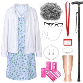 Joyesplay Kids Old Lady Costume, Granny Costume for Girls 100th Day of School Dress Up (110)