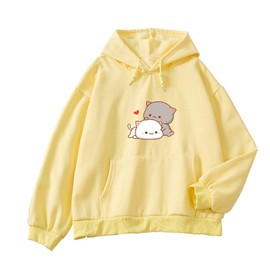 KEEVICI Women Kawaii Cartoon Cute Cat Graphic Casual Cotton Pullover Hoodies Sweatshirt Yellow