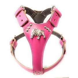 Beautiful Deep Pink Leather Dog Harness with English Bulldog Head Motif (Silver Fittings)