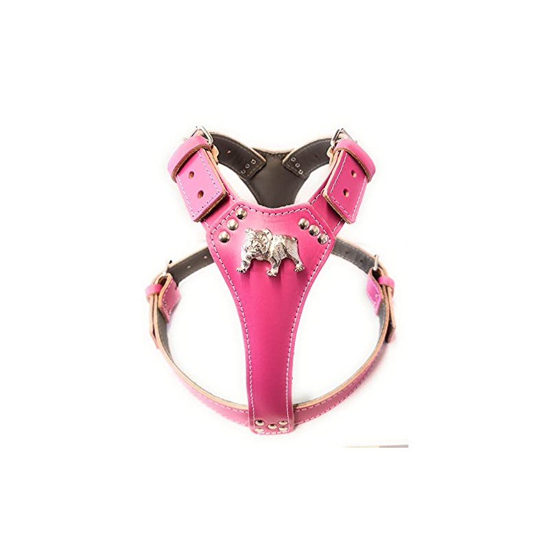 Beautiful Deep Pink Leather Dog Harness with English Bulldog Head