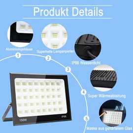 Tkdaksy 2 Stück LED Strahler Außen 150W, 2M Kabel 6500K Kühlweiß 15000LM LED Scheinwerfer, Strahler Außen IP66 Wasserdicht, für Gärten, Terrassen, Höfe, Balkone, Parks, Garagen, Fabriken