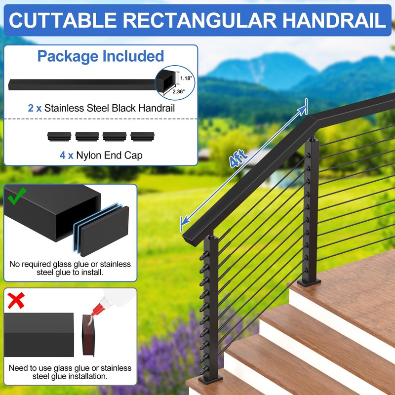 PLANTOP 4FT Stainless Steel Rectangular Handrail 2 Pack, Cuttable Cable