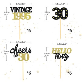 24 PCS Rose Gold Glitter 30th Birthday Cupcake Toppers for Celebrating Thirty Years Old Birthday Party Decorations for 30th Anniversary Party Supplies (Black&Gold)