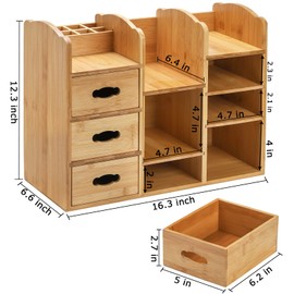 Coloch Bamboo Makeup Organizer with Drawers, Large Cosmetics Storage Shelf for Vanity Countertop Skincare Organizer for Desktop, Skincare, Beauty Supplies, Cosmetics Display, Stationery Storage