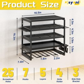 jsyonii Power Tool Organizer, 5 Layer Drill Holders Wall Mount, Heavy Duty Metal Organizers and Storage Rack for Garage Organization, Tools Shelves with Screwdriver Plier Hammer Holder, Black