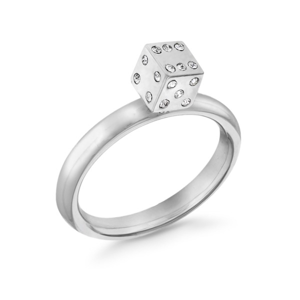 Tuscany Silver Rhodium Plated White Crystal Dice Ring, Silver, Crystal