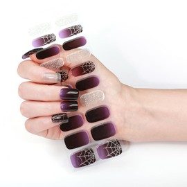 Tyuimhx Semi Cured Gel Nail Strips, 20 Pcs Halloween Gel Nail Stickers Purple Gradient Glitter Spider Web Designs Wraps for UV/Led Manicure Lamp Nails Art Decorations