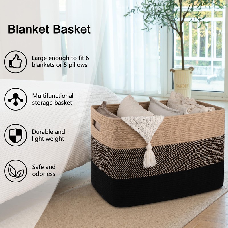 OIAHOMY 108L Super Large Blanket Basket, 25”x16”x16” Rectangle Woven Baskets