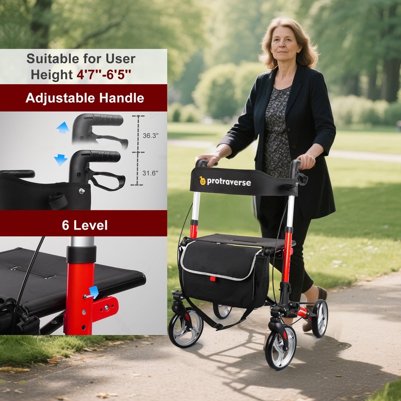 ProTraverse Foldable Rollator Walker with Seat, Standard Height Lightweight Rollator