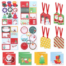 Sawnfay Christmas Gift Tags Stickers 256pcs – 8 Gift Tags with Ribbon & 8 Mini Greeting Cards – Festive Christmas Tags for Gifts, Presents, and Labels Holiday Designs