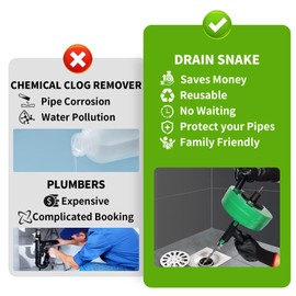 Ackweng Drain Snake 50 Ft, Plumbing Snake for Sink with Drill Attachment, Snake Drain Clog Remover for Shower Drain and Sink, Manual or Powered Use, Comes with Gloves and Storage Bag, 1/4 Inch, Green