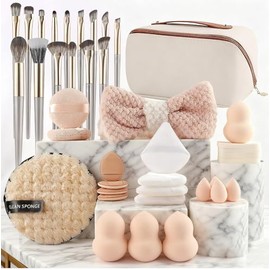 Set de Brochas para Maquillaje 36 piezas Profesional, Estuche, Blanco | Maquillar Ojos y Mejillas, Brochas Faciales, Con Esponja Multifuncional y Cepi