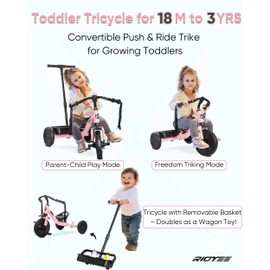 RIDYEE 2-in-1 Tricycle for Toddlers Ages 1.5–3, Trike with Extended Push Handle, Removable Wagon-Style Basket, Adjustable Handlebar with Tassels, and Fore-AFT Adjustable Seat, Pink
