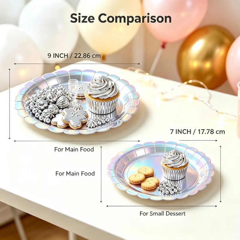50 Pack Silver Scalloped 7 Inch Paper Plates, Disposable Flower
